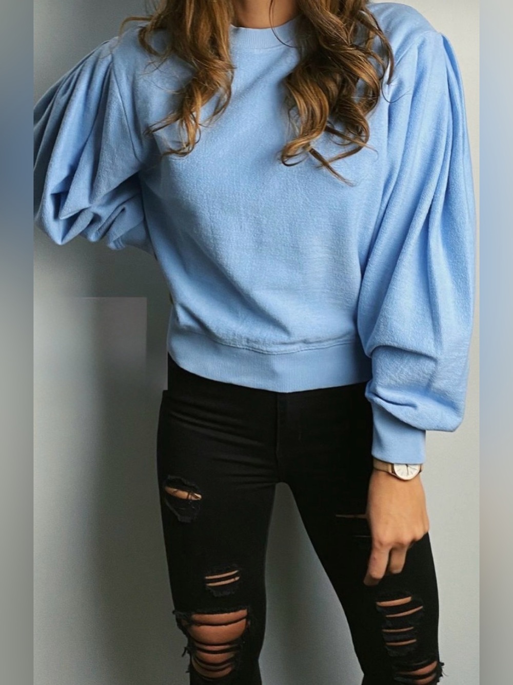 Light Blue Puff-Sleeve Crew Neck Sweater